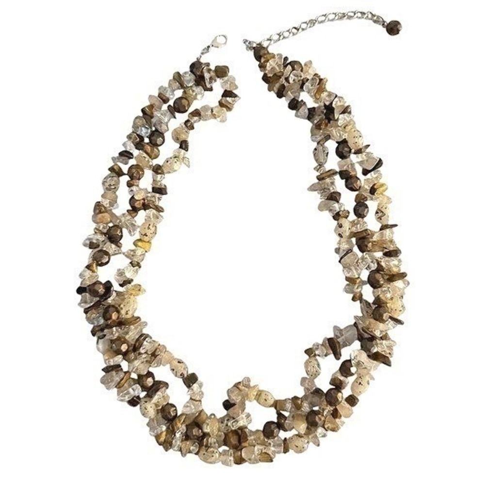 Beaded Three Strand Stone Necklace Lobster Brown Tan Clear 19 to 23 in Jewelry